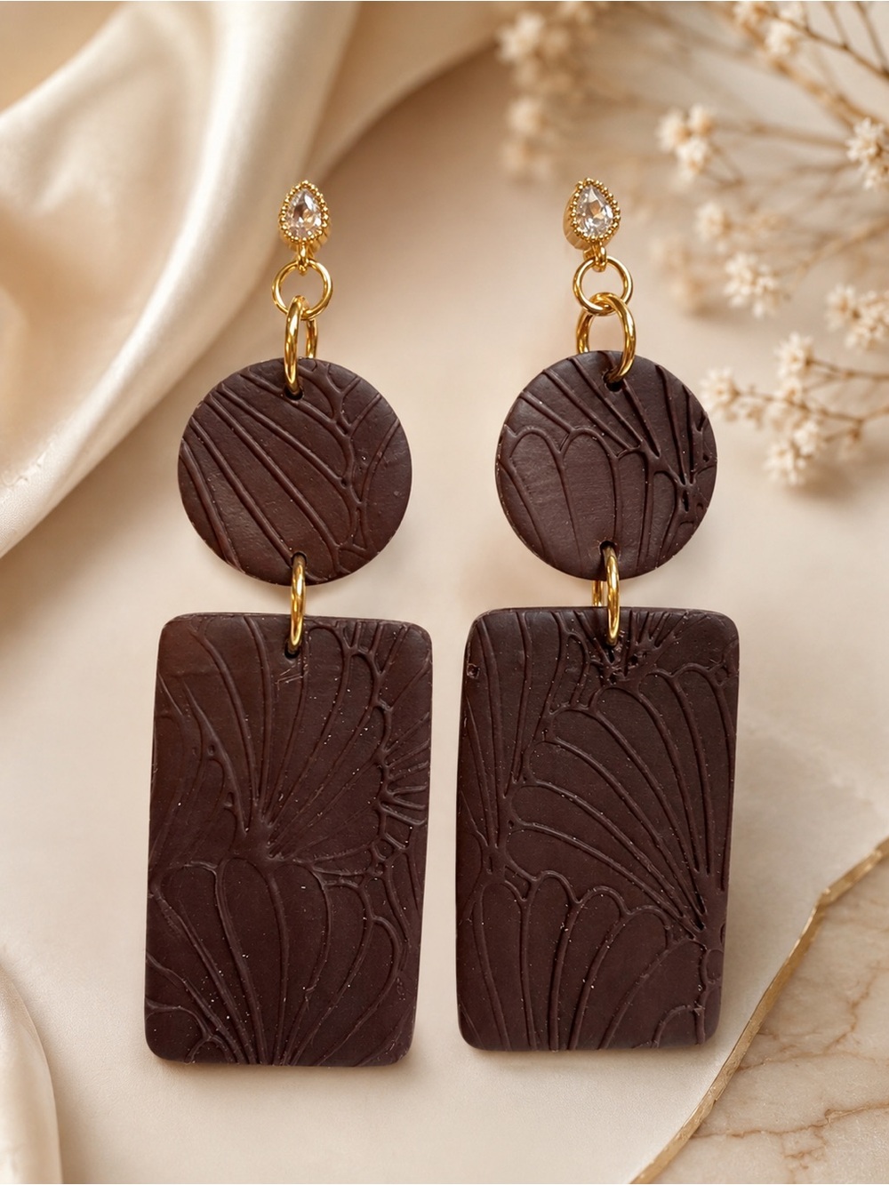 Gold-Accent Dark Brown Handmade Polymer Clay Dangle Earrings